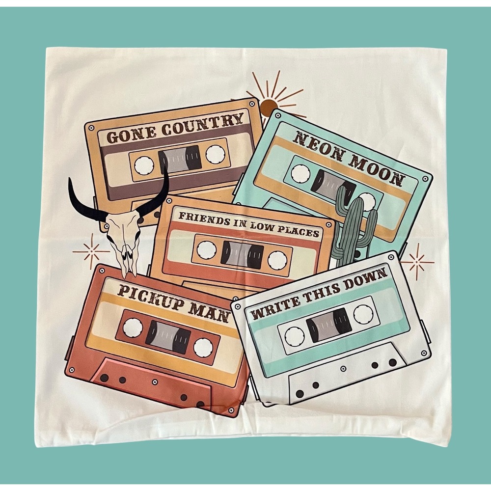 NEW Country Music Cassette Tape Pillow‎ Cover Western Home Decor 18x18"